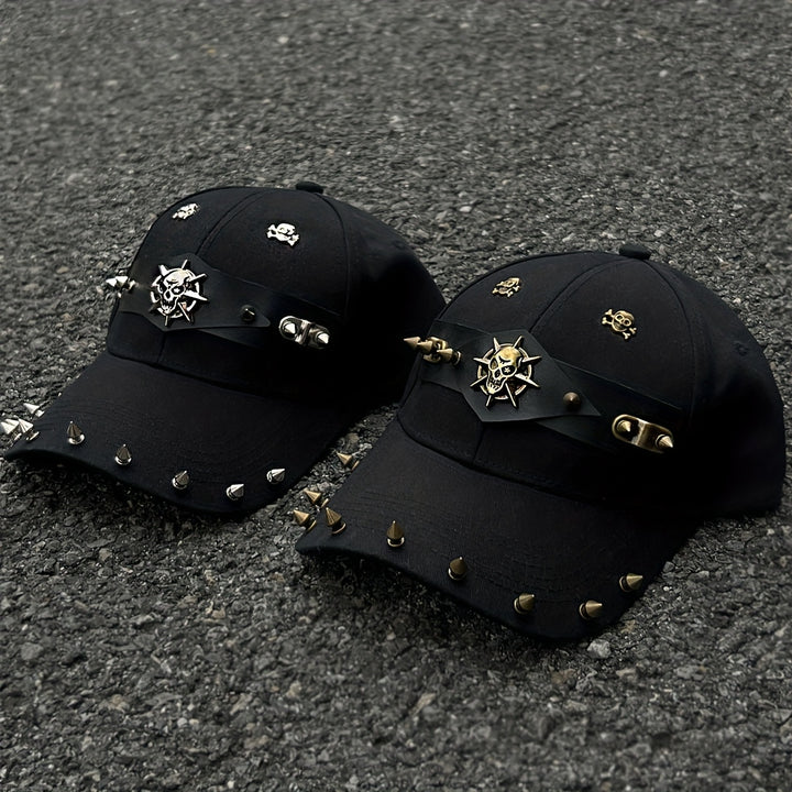 1 gorra de béisbol estilo punk con diseño de calavera y tachuelas, ajustable con cierre trasero, poliéster negro, accesorio de moda urbana para el día a día o looks festivos, sombrero casual | Estilo urbano atrevido | Ojillos metálicos