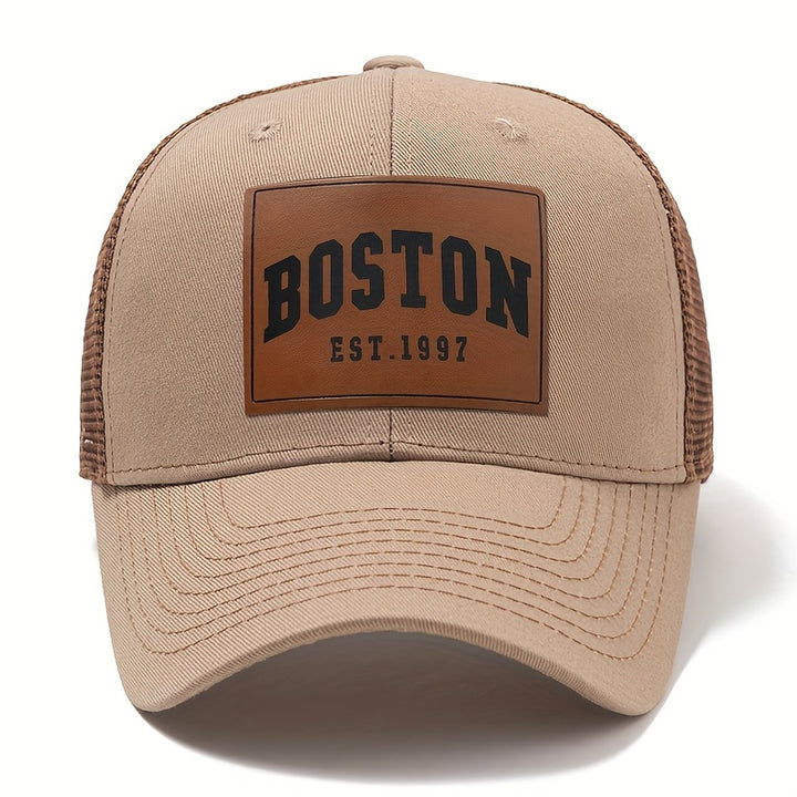 Sombrero de camionero Boston Est. 1997 - Espalda de malla transpirable, ala curva para protección solar, sombrero de béisbol casual para hombres y mujeres, poliéster, sombrero de pesca