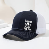 Goonies Never Say Die Gorra de Camionero con Calavera y Huesos Cruzados - Gorra Ajustable Transpirable para Hombres y Mujeres, Diseño /Blanco para Deportes al Aire Libre, Senderismo, Pesca (Primavera/Verano), Ropa Temática Fantástica, Fácil Cuidado