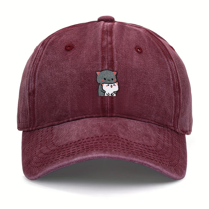1 pieza de gorra de béisbol bordada con dibujos animados de gatitos grises y blancos, ajustable, ligera, transpirable, para todas las estaciones, poliéster, 100g/m², con instrucciones de cuidado de lavado a mano.