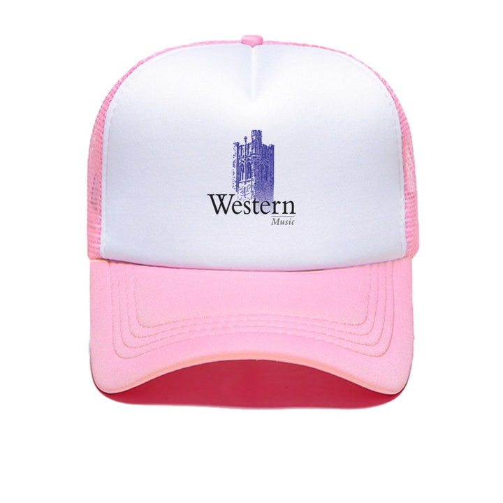 1pc Gorra de Béisbol Estilo Trucker con Logo de Música Occidental - Sombrero de Papá Transpirable en Poliéster con Panel Frontal Blanco y Visera Rosa, Gráfico de Nota Musical y Sombrero Vaquero, Ropa Casual Unisex para Hombres y Mujeres, Accesorio para Di
