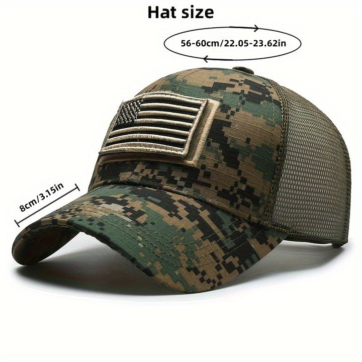 Gorra de béisbol táctica para hombre con parche de bandera americana impresa, transpirable, secado rápido, parte trasera de malla y ajuste adaptable para actividades al aire libre como pesca, senderismo y viajes