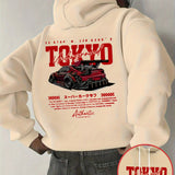 Sudadera con capucha para hombre con gráfico de coche de carreras japonés - Texto japonés y diseño de carreras con estampado rojo y de coche de carreras, suave sudadera casual con bolsillos, amantes del streetwear, ropa unisex, material cómodo, moda stree