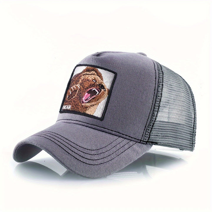 Gorra de basquetbol unisex, con diseño de oso bordado, casual, de poliéster, con parte trasera de malla respirable y cierre ajustable, ideal para verano