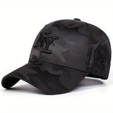 1 Gorra de béisbol de camuflaje con letra NY para hombre, ajustable, protección solar, sombrero casual para primavera y otoño, viajes y vacaciones en la playa.