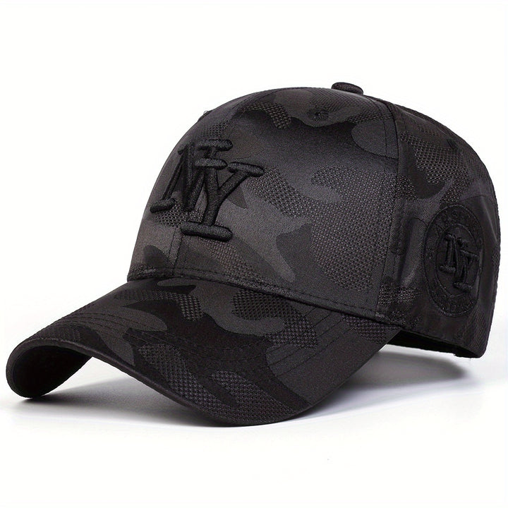 1 Gorra de béisbol de camuflaje con letra NY para hombre, ajustable, protección solar, sombrero casual para primavera y otoño, viajes y vacaciones en la playa.