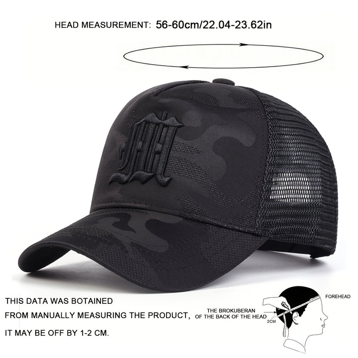 Gorra de béisbol casual para hombres con diseño de letra M, 100% poliéster, ligero, ajustable, con malla trasera transpirable, para protección solar al aire libre, viajes y playa