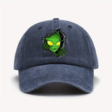 1pc Gorra de Béisbol con Temática Alienígena ATHACER - Retro Lavado Negro, Sombrero de Sol Desgastado con Gráfico de Alien Verde, Ajuste Ajustable, Poliéster Ligero, Ideal para Halloween y Moda al Aire Libre para Hombres y Mujeres, Accesorio para la Cabez