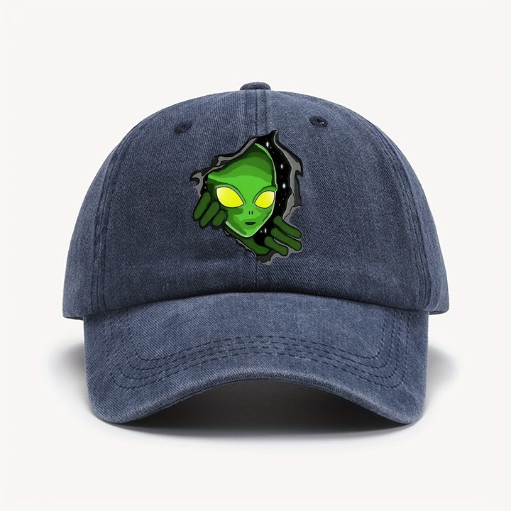 1pc Gorra de Béisbol con Temática Alienígena ATHACER - Retro Lavado Negro, Sombrero de Sol Desgastado con Gráfico de Alien Verde, Ajuste Ajustable, Poliéster Ligero, Ideal para Halloween y Moda al Aire Libre para Hombres y Mujeres, Accesorio para la Cabez