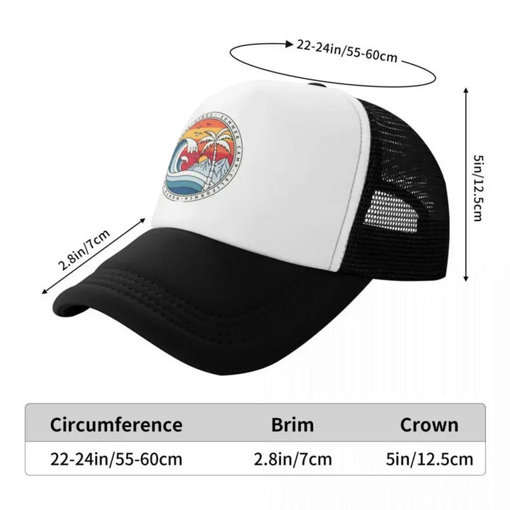 Gorra de béisbol Y2K California Beach Surfing Snapback para hombres y mujeres, tela de poliéster elástica mediana, estilo veraniego de surfista, lavable en máquina, plástico PVC - Blanco y Negro