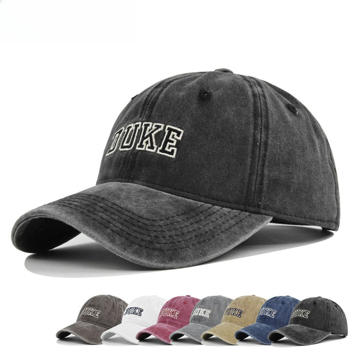 Gorra de béisbol bordada DUKE - Sombrero de sol retro lavado y envejecido, tela ligera sin elasticidad, ala curva, comodidad para todas las estaciones, estilo casual, perfecta para fútbol, deportes y actividades al aire libre