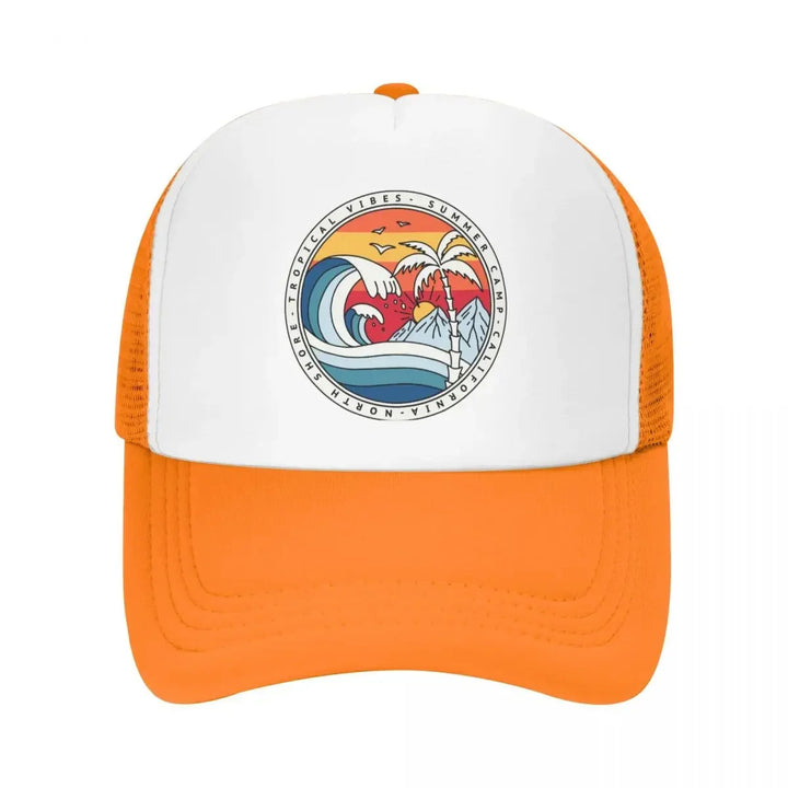 Gorra de béisbol Y2K California Beach Surfing Snapback para hombres y mujeres, tela de poliéster elástica mediana, estilo veraniego de surfista, lavable en máquina, plástico PVC - Blanco y Negro