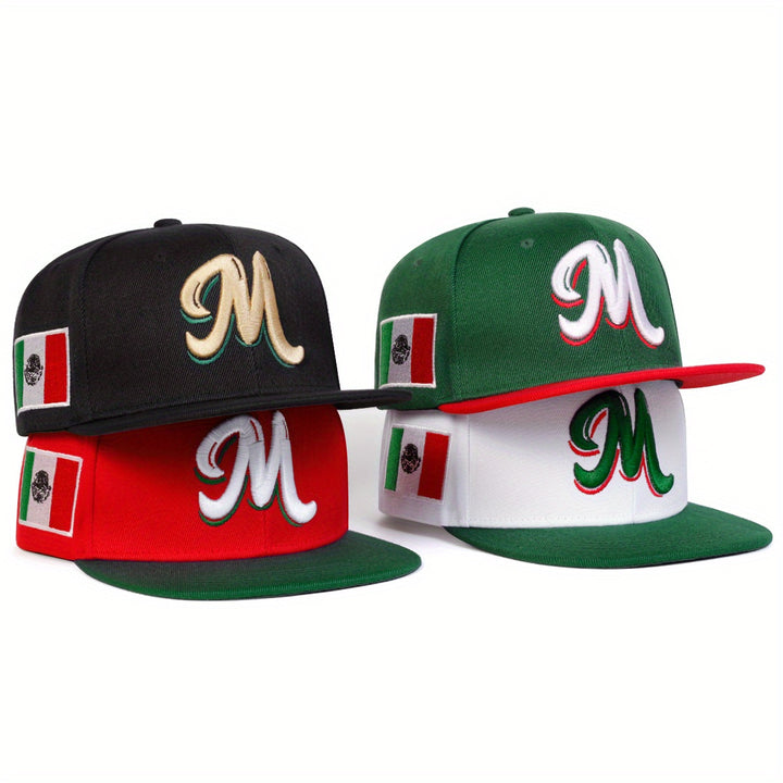 Gorra de béisbol con bandera de México y logo 'M' para hombre, 1 unidad, ajustable, ligera de poliéster, ideal para viajes, playa y uso casual (negro/verde/rojo), accesorio para exteriores, diseño con letras detallado