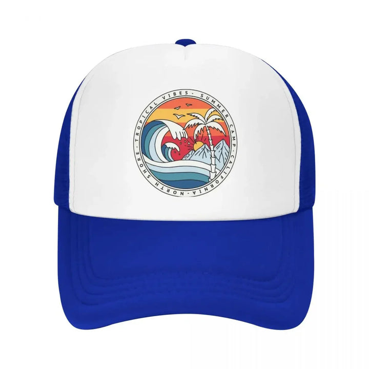 Gorra de béisbol Y2K California Beach Surfing Snapback para hombres y mujeres, tela de poliéster elástica mediana, estilo veraniego de surfista, lavable en máquina, plástico PVC - Blanco y Negro