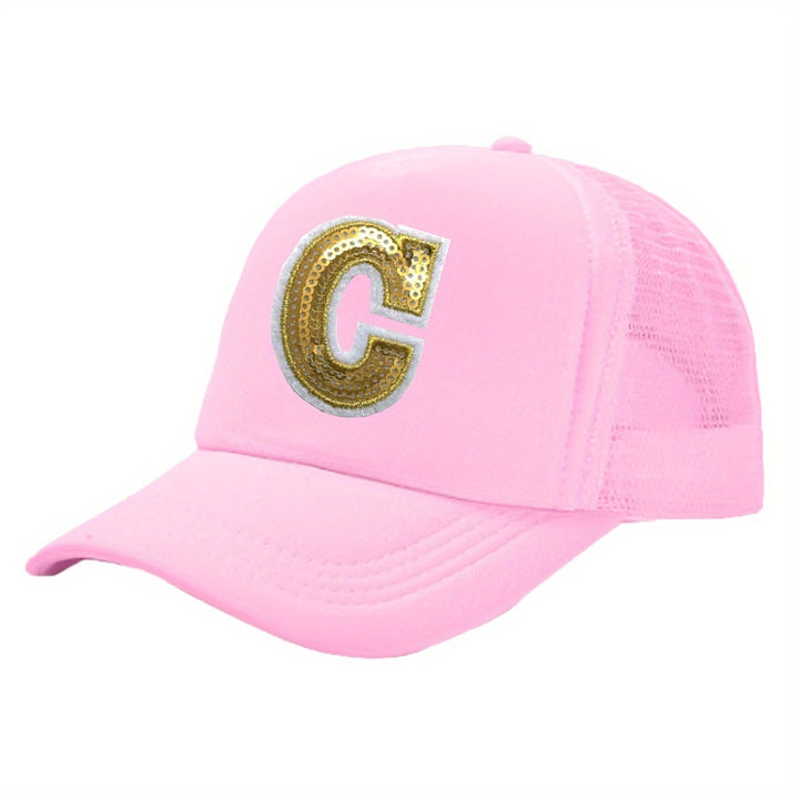 OKOIUM Gorra de Béisbol con Letras Brillantes para Niñas y Niños - 26 letras del alfabeto A-Z, Cierre Snapback Rosa Dorado Reluciente, Parte Trasera Transpirable en Malla, Tamaño Ajustable 4-10 años. Ideal como Sombrero Casual Diario o Fiestas Escolares (