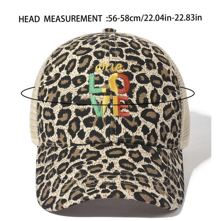 1 gorra de béisbol con protección solar, diseño de leopardo y bordado ONE LOVE, ajustable, 100% poliéster, lavado a mano o en seco, ideal para actividades al aire libre y vacaciones