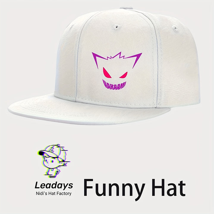 Gorra de béisbol con diseño de sonrisa diabólica de anime, ajustable con cierre trasero y visera plana, 100% poliéster transpirable, unisex, casual, para hombres y mujeres, ideal para uso en todas las estaciones, festivales y baile
