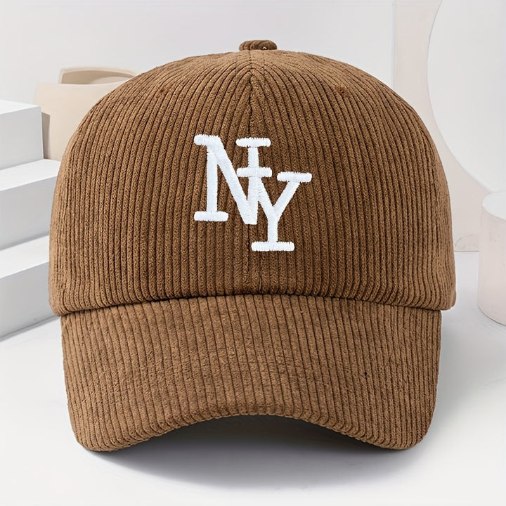 Gorra ajustable NY con logo bordado, unisex, negra/blanca tipo pana, ligera y abrigada para invierno y todo clima, bordado temático NY, regalo casual para fans (lavable a mano)