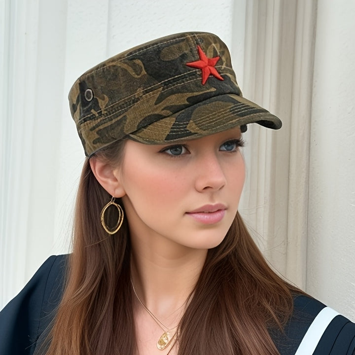 Un gorro plano con estrella de cinco puntas bordada en tres dimensiones, moderno y versátil, ideal para senderismo y viajes al aire libre para hombres y mujeres.