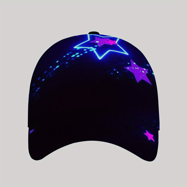 Gorra de Béisbol Estilo Callejero Unisex con Estrellas Luminosas Moradas y Estampado Azul Neón - Gorra Ajustable con Visera para Deportes al Aire Libre, Uso Diario Casual, Diseño Vibrante