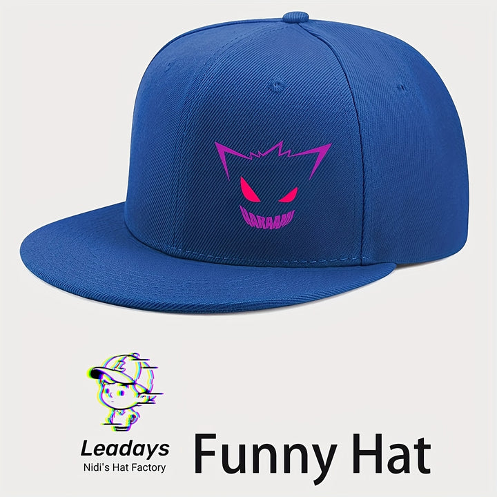 Gorra de béisbol con diseño de sonrisa diabólica de anime, ajustable con cierre trasero y visera plana, 100% poliéster transpirable, unisex, casual, para hombres y mujeres, ideal para uso en todas las estaciones, festivales y baile