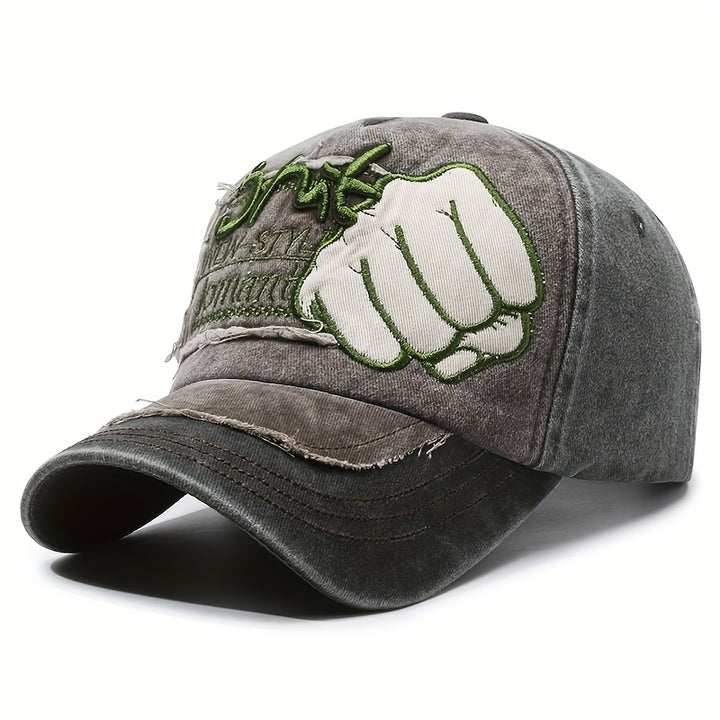 Gorra de béisbol retro lavada con gráfico de puño - Ligera, ajustable con cierre a presión, transpirable, gorra unisex de streetwear para hombres y mujeres, perfecta para exteriores, casual y celebraciones de Año Nuevo