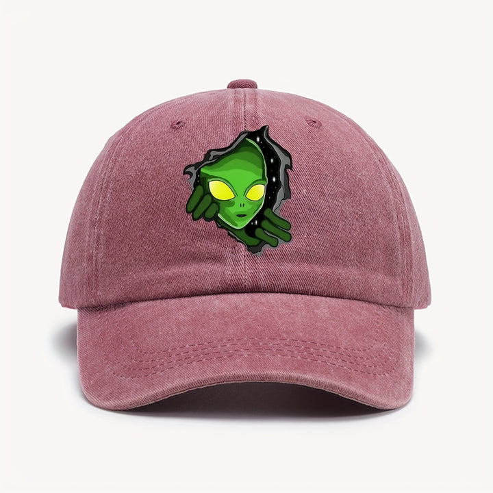 1pc Gorra de Béisbol con Temática Alienígena ATHACER - Retro Lavado Negro, Sombrero de Sol Desgastado con Gráfico de Alien Verde, Ajuste Ajustable, Poliéster Ligero, Ideal para Halloween y Moda al Aire Libre para Hombres y Mujeres, Accesorio para la Cabez