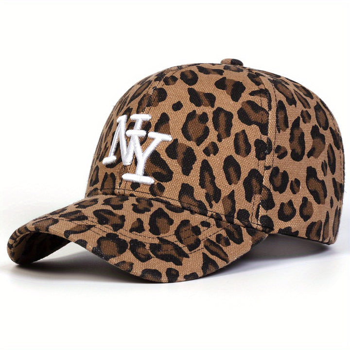 1 Gorra de béisbol con estampado de leopardo para mujer, ajustable, protección solar, sombrero casual para viajes al aire libre y vacaciones en la playa, poliéster, cierre con hebilla, detalles de bordado, gorra con estampado de leopardo