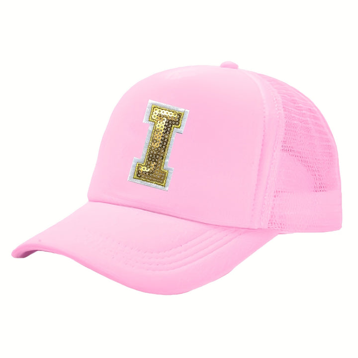 OKOIUM Gorra de Béisbol con Letras Brillantes para Niñas y Niños - 26 letras del alfabeto A-Z, Cierre Snapback Rosa Dorado Reluciente, Parte Trasera Transpirable en Malla, Tamaño Ajustable 4-10 años. Ideal como Sombrero Casual Diario o Fiestas Escolares (
