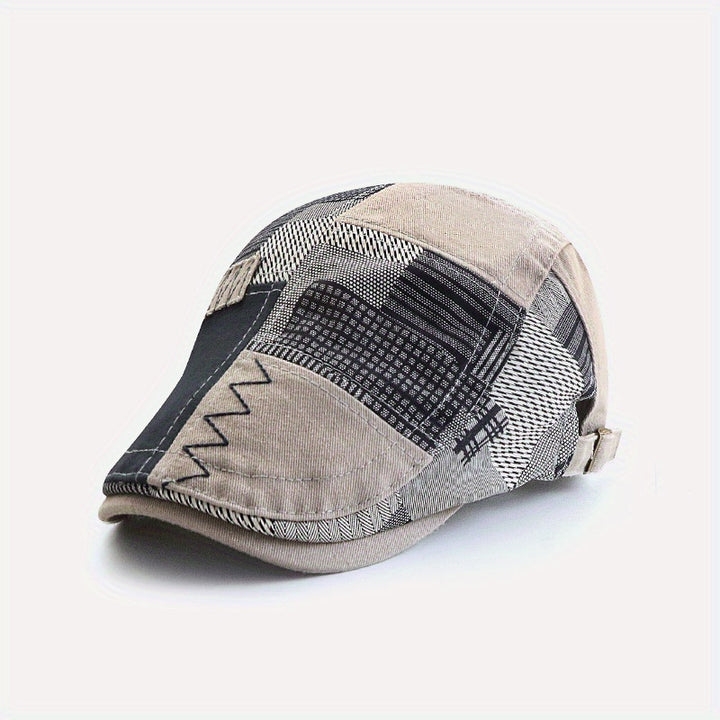 Gorra de Cuadros Retro para Hombre - Mezcla Transpirable, Cierre Ajustable con Botón, Lavable a Mano, Estilo Elegante en Patrón Beige y para Todas las Estaciones, Protección Solar al Aire Libre, Gorra de Verano | Estilo Gorro Ajustado | Sombrero Duradero