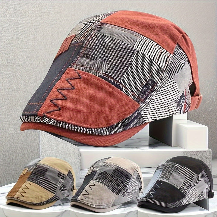 Gorra de Cuadros Retro para Hombre - Mezcla Transpirable, Cierre Ajustable con Botón, Lavable a Mano, Estilo Elegante en Patrón Beige y para Todas las Estaciones, Protección Solar al Aire Libre, Gorra de Verano | Estilo Gorro Ajustado | Sombrero Duradero