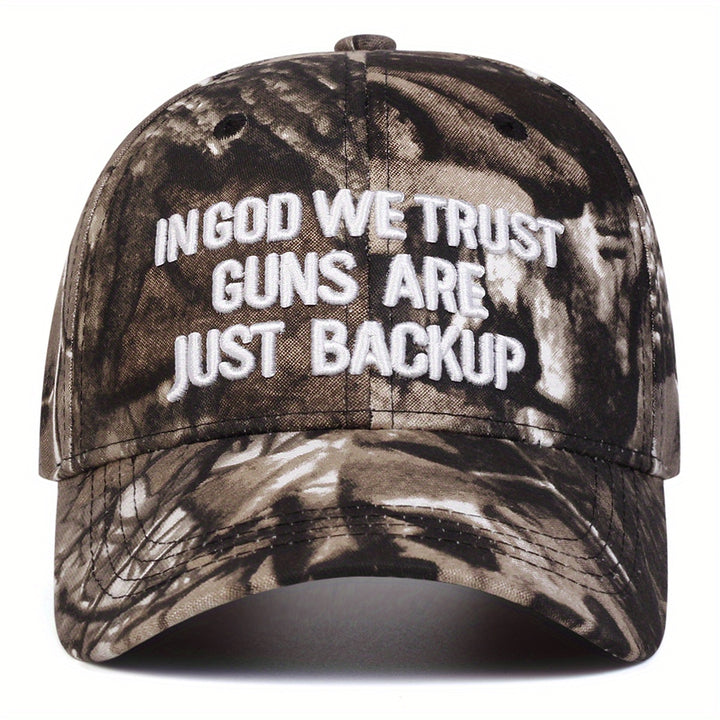 Gorra de Béisbol Ajustable para Mujer AR - EN DIOS CONFÍAMOS & Las Armas Son Solo Respaldo, Sombrero Camuflaje para Viajes de Primavera/Otoño, Playa, Ropa Casual, Accesorio con Letras Atrevidas