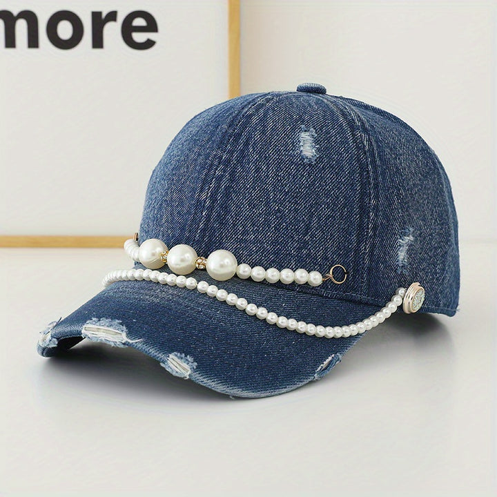 Gorra de Béisbol de Mezclilla Desgastada con Cadena de Perlas Falsas - Ajustable, Sombrero de Sol Ligero para Mujer
