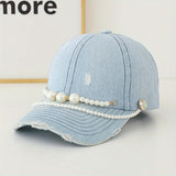 Gorra de Béisbol de Mezclilla Desgastada con Cadena de Perlas Falsas - Ajustable, Sombrero de Sol Ligero para Mujer