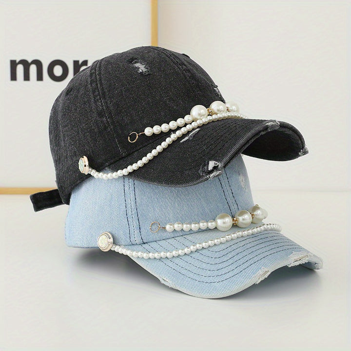 Gorra de Béisbol de Mezclilla Desgastada con Cadena de Perlas Falsas - Ajustable, Sombrero de Sol Ligero para Mujer