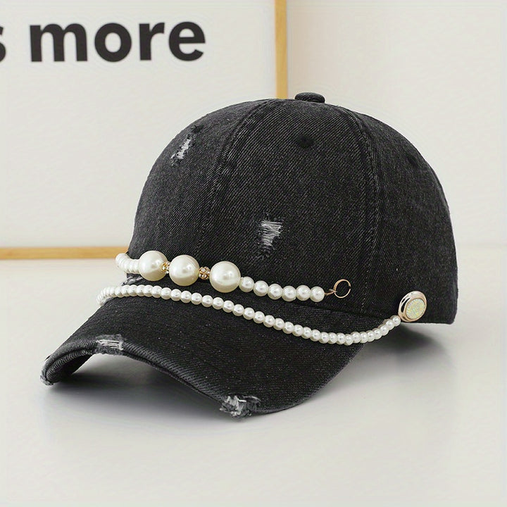 Gorra de Béisbol de Mezclilla Desgastada con Cadena de Perlas Falsas - Ajustable, Sombrero de Sol Ligero para Mujer