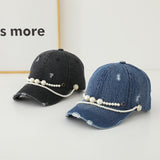 Gorra de Béisbol de Mezclilla Desgastada con Cadena de Perlas Falsas - Ajustable, Sombrero de Sol Ligero para Mujer