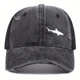 Gorra de béisbol deportiva para hombre con malla, 100% poliéster, protección solar para exteriores, estilo desgastado, diseño de tiburón y estrella