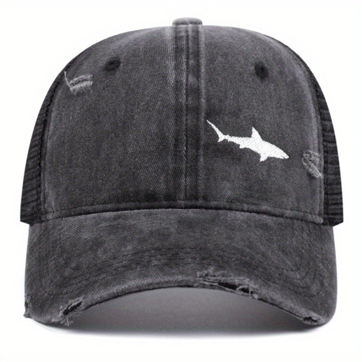 Gorra de béisbol deportiva para hombre con malla, 100% poliéster, protección solar para exteriores, estilo desgastado, diseño de tiburón y estrella