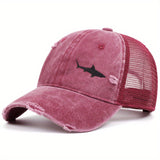 Gorra de béisbol deportiva para hombre con malla, 100% poliéster, protección solar para exteriores, estilo desgastado, diseño de tiburón y estrella