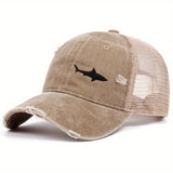 Gorra de béisbol deportiva para hombre con malla, 100% poliéster, protección solar para exteriores, estilo desgastado, diseño de tiburón y estrella