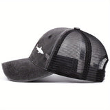 Gorra de béisbol deportiva para hombre con malla, 100% poliéster, protección solar para exteriores, estilo desgastado, diseño de tiburón y estrella
