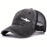 Gorra de béisbol deportiva para hombre con malla, 100% poliéster, protección solar para exteriores, estilo desgastado, diseño de tiburón y estrella