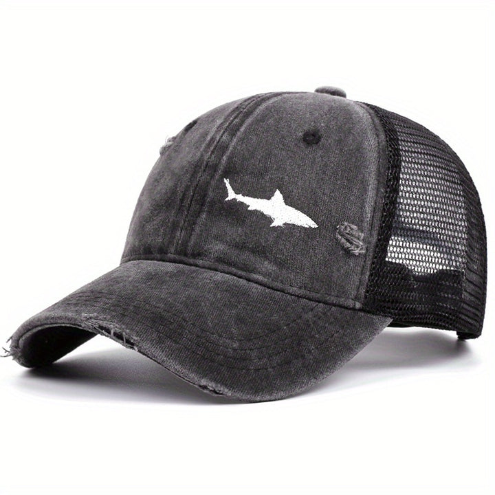 Gorra de béisbol deportiva para hombre con malla, 100% poliéster, protección solar para exteriores, estilo desgastado, diseño de tiburón y estrella