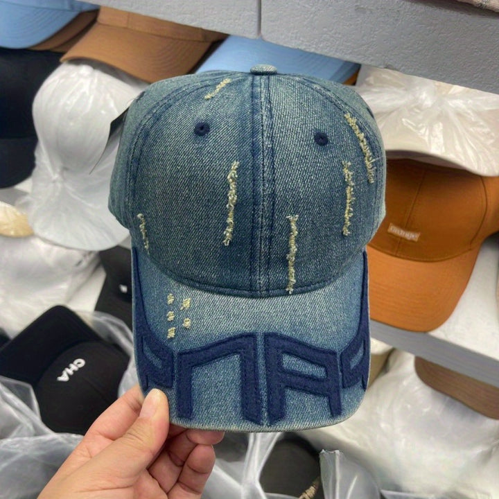 Gorra de béisbol de mezclilla urbana para hombres y mujeres - Gorra de sol lavada y rasgada de algodón ligero con ajuste ajustable, lavable a mano, artesanía de tiras, accesorio de moda retro versátil