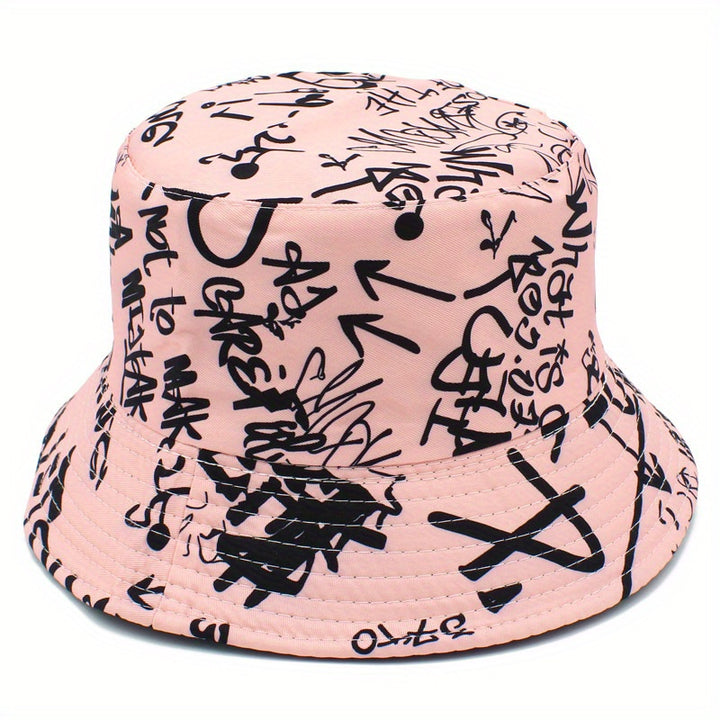 Sombrero de Pescador Unisex Ligero con Estampado de Letras Graffiti - Sombrero Ajustable para Viajes al Aire Libre, Playa y Uso Casual, & Blanco, Sombrero de Playa, Elegante, Ropa Urbana, Construcción en Tela