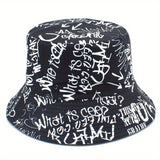 Sombrero de Pescador Unisex Ligero con Estampado de Letras Graffiti - Sombrero Ajustable para Viajes al Aire Libre, Playa y Uso Casual, & Blanco, Sombrero de Playa, Elegante, Ropa Urbana, Construcción en Tela