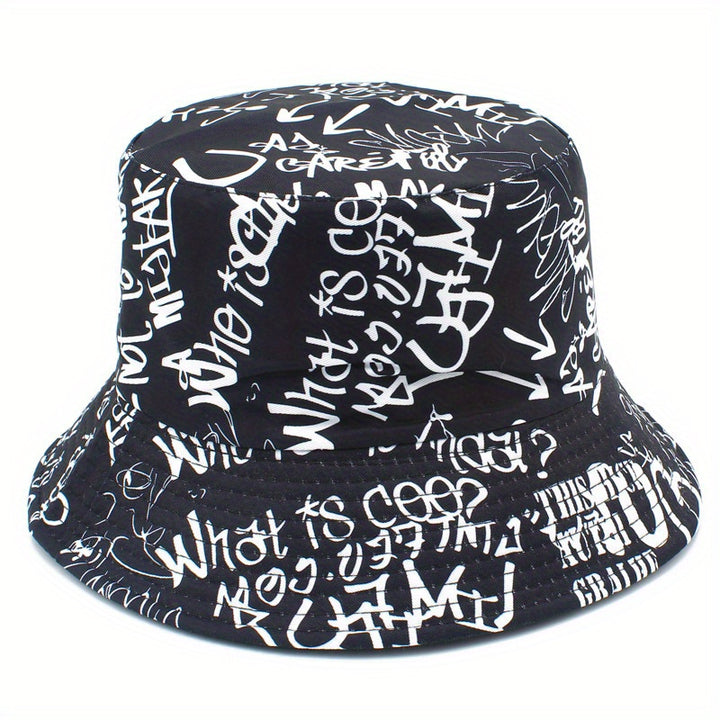 Sombrero de Pescador Unisex Ligero con Estampado de Letras Graffiti - Sombrero Ajustable para Viajes al Aire Libre, Playa y Uso Casual, & Blanco, Sombrero de Playa, Elegante, Ropa Urbana, Construcción en Tela