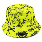 Sombrero de Pescador Unisex Ligero con Estampado de Letras Graffiti - Sombrero Ajustable para Viajes al Aire Libre, Playa y Uso Casual, & Blanco, Sombrero de Playa, Elegante, Ropa Urbana, Construcción en Tela