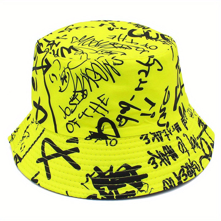 Sombrero de Pescador Unisex Ligero con Estampado de Letras Graffiti - Sombrero Ajustable para Viajes al Aire Libre, Playa y Uso Casual, & Blanco, Sombrero de Playa, Elegante, Ropa Urbana, Construcción en Tela